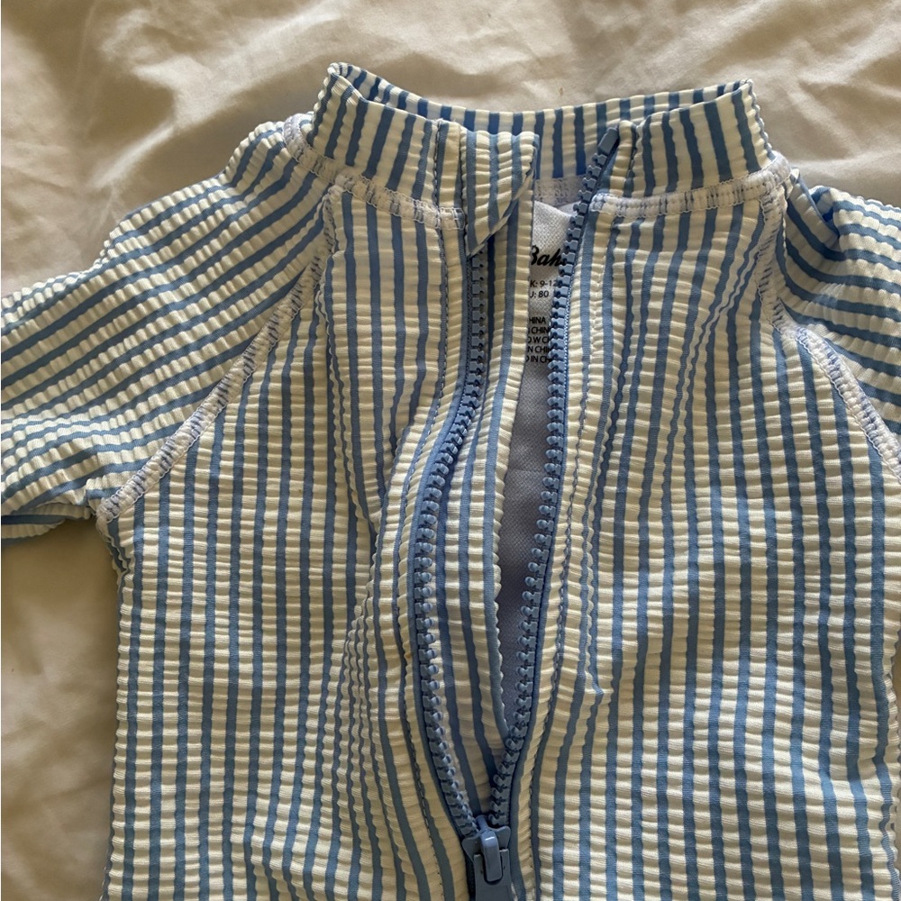 Tommy Bahama Blue White Striped Zip One Piece Rashguard Romper Swimsuit Wet Suit